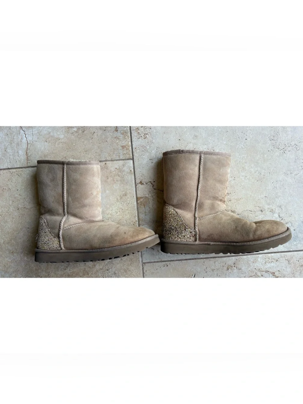 UGG Short Suede Glitter Heel Boots in Light Brown